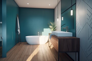  modern bathroom with a bathtub, sink, and mirror. Generative AI
