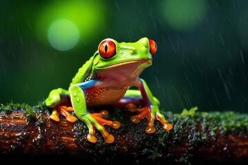 Portrait og green tree frog sit on wet wooden in the rain, generative AI.