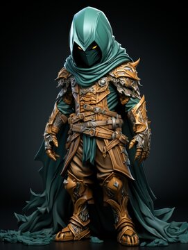 Fototapeta A rpg game avatar, an agressive hero with a sword and a helmet, realistic lighting and shading, detailed renderings, close up view, black background, dress green, cartoon style