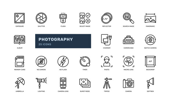 Photography image camera studio lens detailed outline line icon set