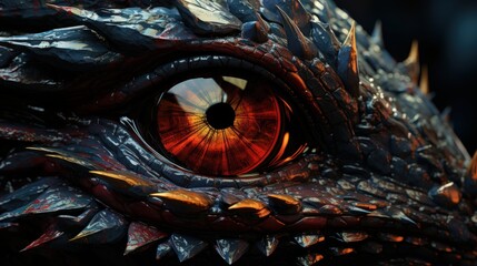 A hyper - realistic close - up of a dragon's eye, exemplifying the ferocity of this mythical beast. digital art style, The eye is elongated and reptilian,