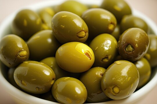 bowl of fresh green olives on a wooden table. Generative AI