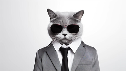 Cat on suit and glasses white background.ai.