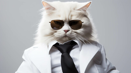Cat on suit and glasses white background.ai.