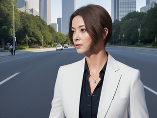 A woman in a white suit walking in the city
