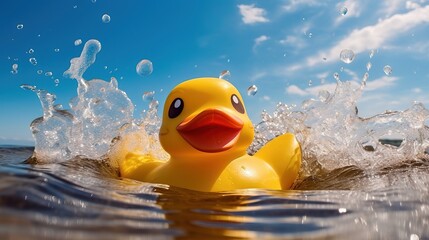Rubber duck swimming in the ocean near sunset. Yellow duck toy floating in the waves. Summer energy of joy and optimism. Generative AI.