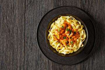 Creamy Paprika Pork Chunks over tagliatelle noodle