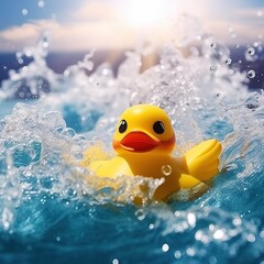 Rubber duck swimming in the ocean near sunset. Yellow duck toy floating in the waves. Summer energy of joy and optimism. Generative AI.