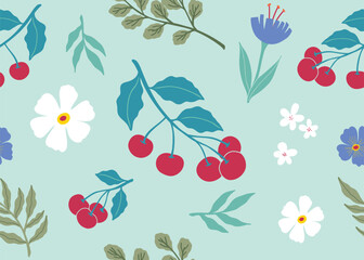 Fruit and flower hand drawn illlustration seamless pattern on blue blackground -Cherry