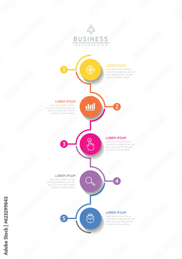 Poster vector infographic business presentation template with circular interconnection with 5 options.