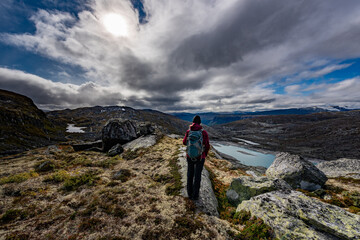 Visiting Norway Hiker admires Skalavatnet Lake Suldal, Norway