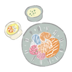 fresh raw seafood mixed rice bowl Kaisen-don with egg custard