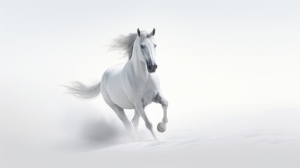 A white horse gallops in a white desert with white fog. Ai generation