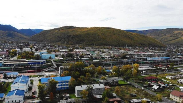 The city of Slyudyanka, the railway, low-rise buildings.