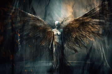 Religion, fantasy, fashion, good and evil concept. Abstract and surreal looking angel with wings illustration. Generative AI