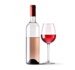 Bottle and glass of red wine on a white background