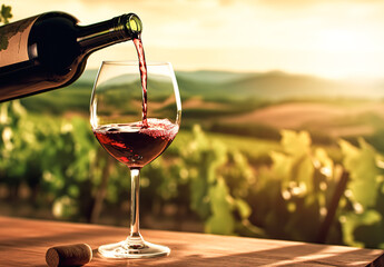 Wine bottle and glass of red wine on vineyard - obrazy, fototapety, plakaty