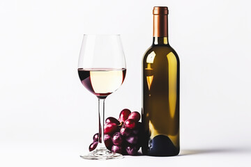 Fototapeta premium Bottle and glass of white wine and grapes on a white background