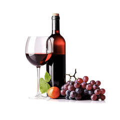 Obraz premium Bottle and glass of white wine and grapes on a white background