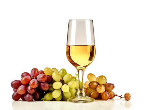 Bottle and glass of white wine and grapes on a white background