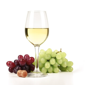 Bottle and glass of white wine and grapes on a white background