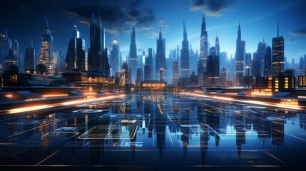 Fototapeta na wymiar Smart city and communication network concept. 5G telecommunication. Digital Landscape AI