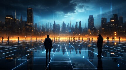 Fototapeta na wymiar Silhouettes of people walking in the futuristic technological progress city. Digital technology AI