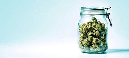 Dry medical cannabis buds in jar on uniform background. Generative AI