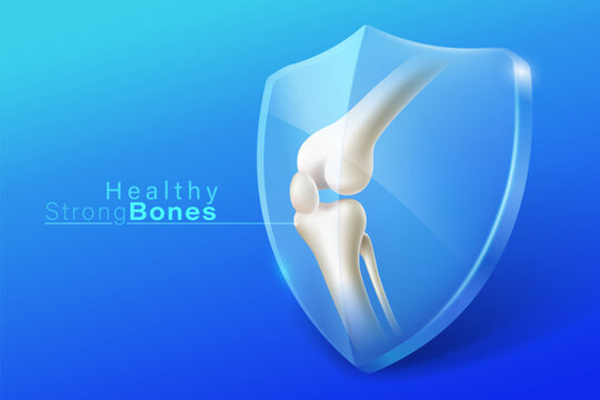 The icon shows a strong leg and knee joint with a crystal glass shield. Providing medical services, advertising, food and vitamins. 3d realistic vector file.