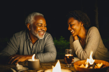 Fototapeta na wymiar Digital portrait of laughing retired black couple is sitting together near a campfire in the background of the nature travel glamping in the dark forest. Concept of active age. Generative AI