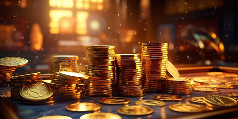 Pile of golden coins with gold bokeh background. Jackpot fortune concept. Generative AI
