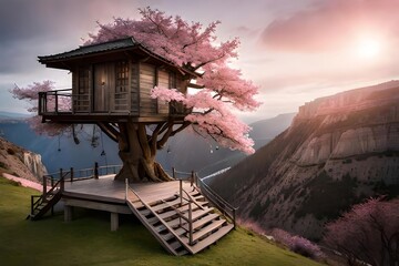 Fototapeta premium beautiful bumpkinly flowery treehouse in a gigantic tap red flower corner. Creative resource, AI Generated