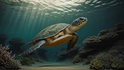 Fototapeta premium Green sea turtle float submarine. Creative resource, AI Generated