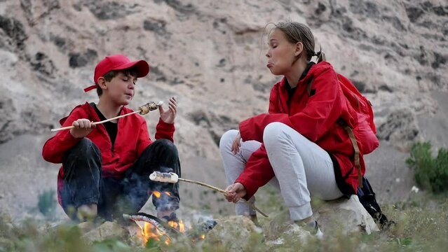 A teenage brother and sister are on a picnic in the mountains roasting marshmallows on sticks using a fire. Young tourists on a trip love to cook food. Children and teenagers active leisure