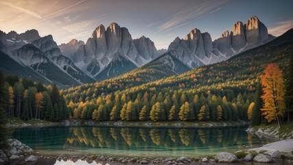 colored summer watch of the lake . bright dawn suit of the Julian Alps. Creative resource, AI Generated