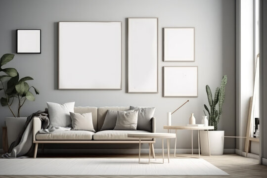 Frame mockup in farmhouse living room interior background, 3d render, generative AI