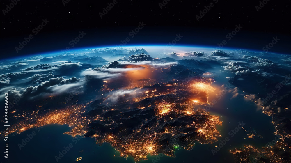 Canvas Prints panoramic view on planet earth globe from space. glowing city lights, light clouds. generative ai
