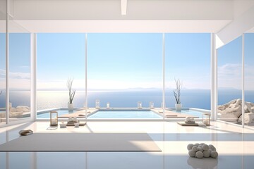 Obraz na płótnie Canvas Clean and calm yoga studio with beautiful nature view. Interior design. Generative AI