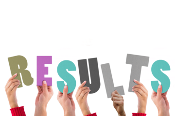 Digital png illustration of hands with results text on transparent background