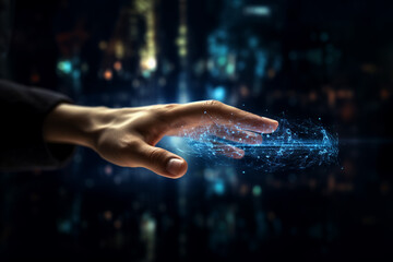 close up hand touching hologram screen displaying modern cloud based web system technology. future network concept. high technology.