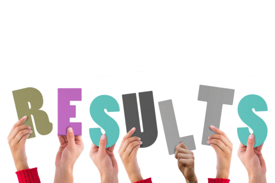 Digital png illustration of hands with results text on transparent background