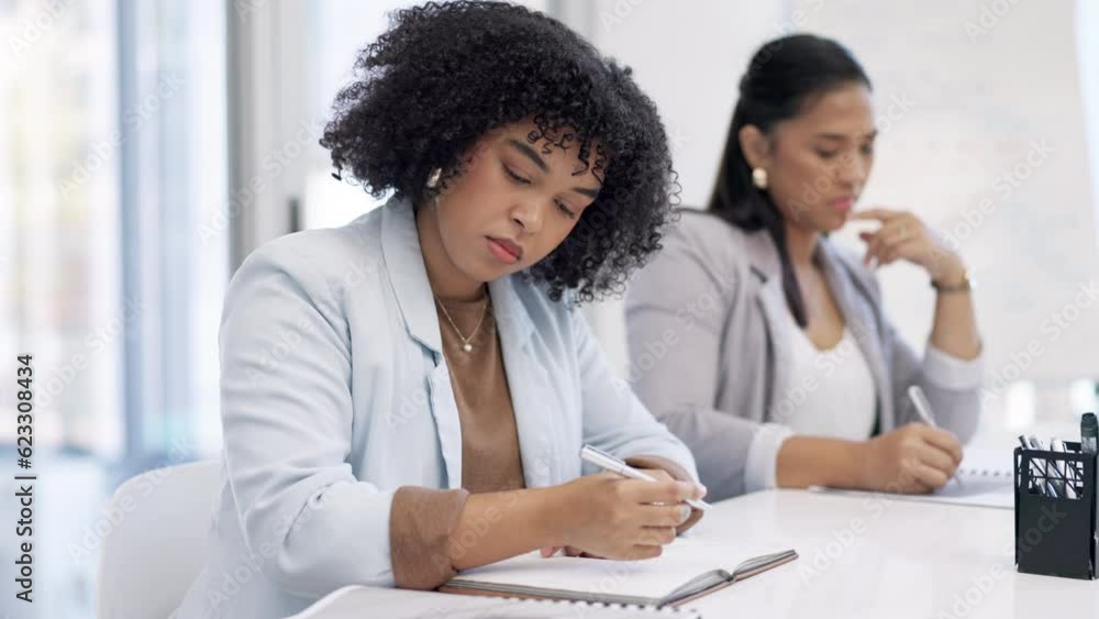 Poster woman with notebook, writing and business meeting for planning schedule, agenda and notes on project