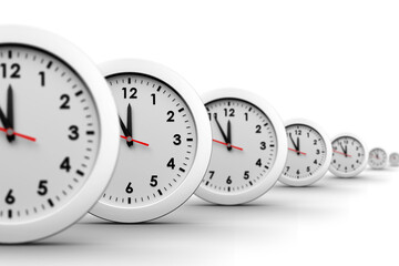 Digital png illustration of multiple clocks in row on transparent background