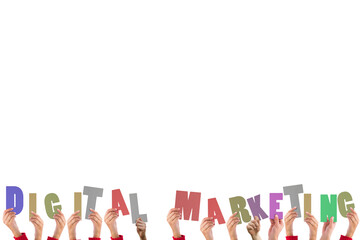 Digital png illustration of hands holding digital marketing text on transparent background