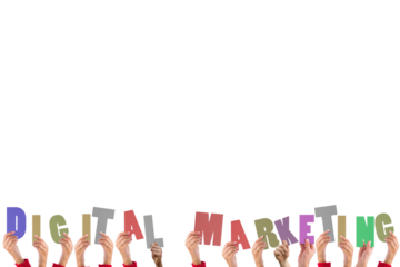 Digital png illustration of hands holding digital marketing text on transparent background