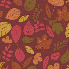 Fototapeta na wymiar Beautiful orange dark pink and green leaves seamless pattern, vector natural endless background.