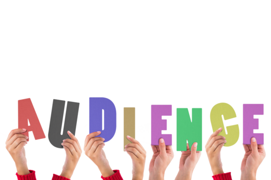 Digital png illustration of hands holding audience text on transparent background - Powered by Adobe