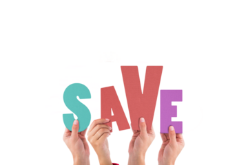 Digital png illustration of hands holding save text on transparent background