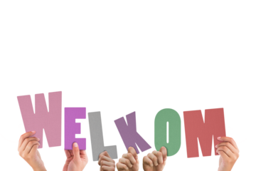 Digital png illustration of hands holding welkom text on transparent background