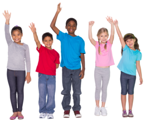 Digital png photo of happy diverse children raising hands on transparent background